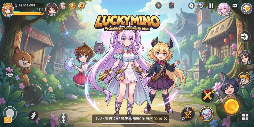 Tampilan gameplay menarik dalam LUCKYMINO dengan karakter anime yang unik.