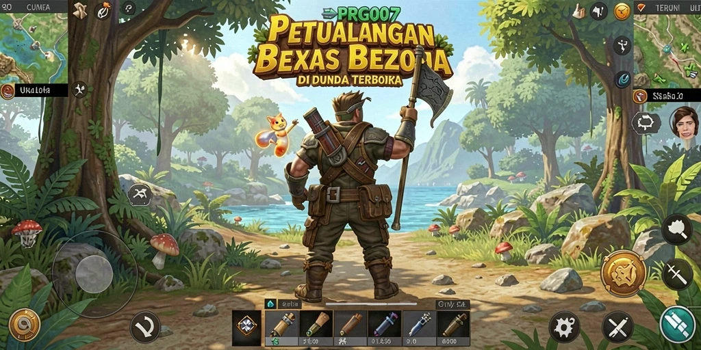 Screenshot menunjukkan pemain menjelajahi hutan lebat dalam game Open World.