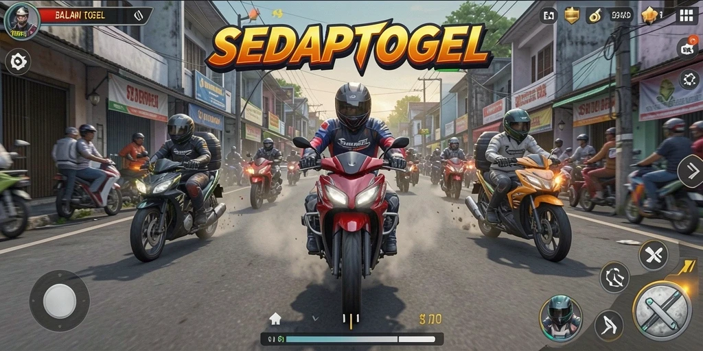 Gameplay SEDAPTOGEL yang mendebarkan dengan motor balap yang cepat.